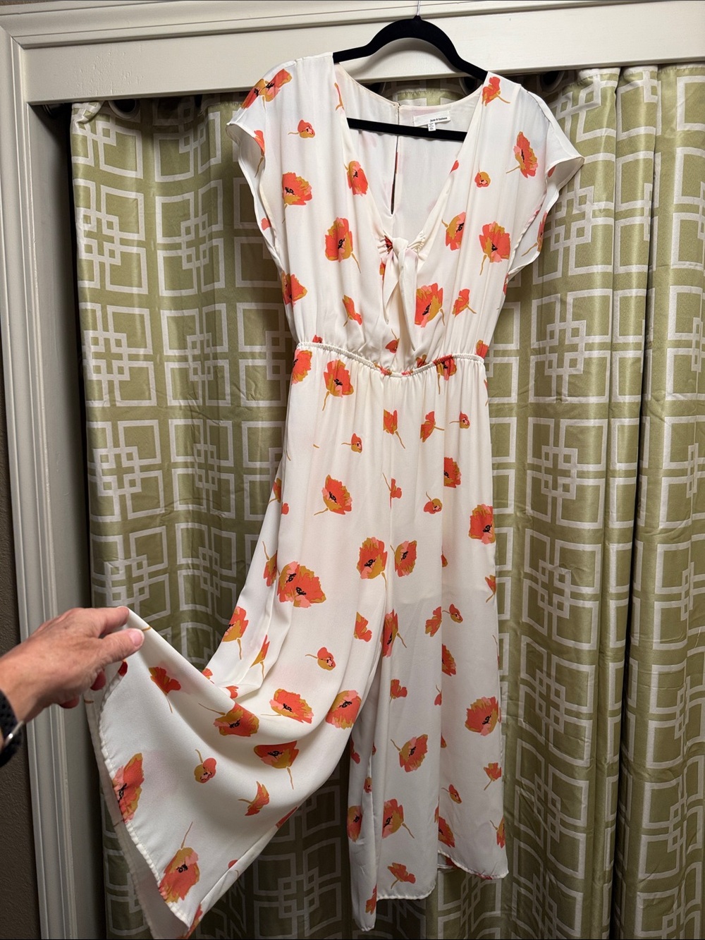 Floral Tie-Front Wide-Leg Jumpsuit in Ivory with Coral Print